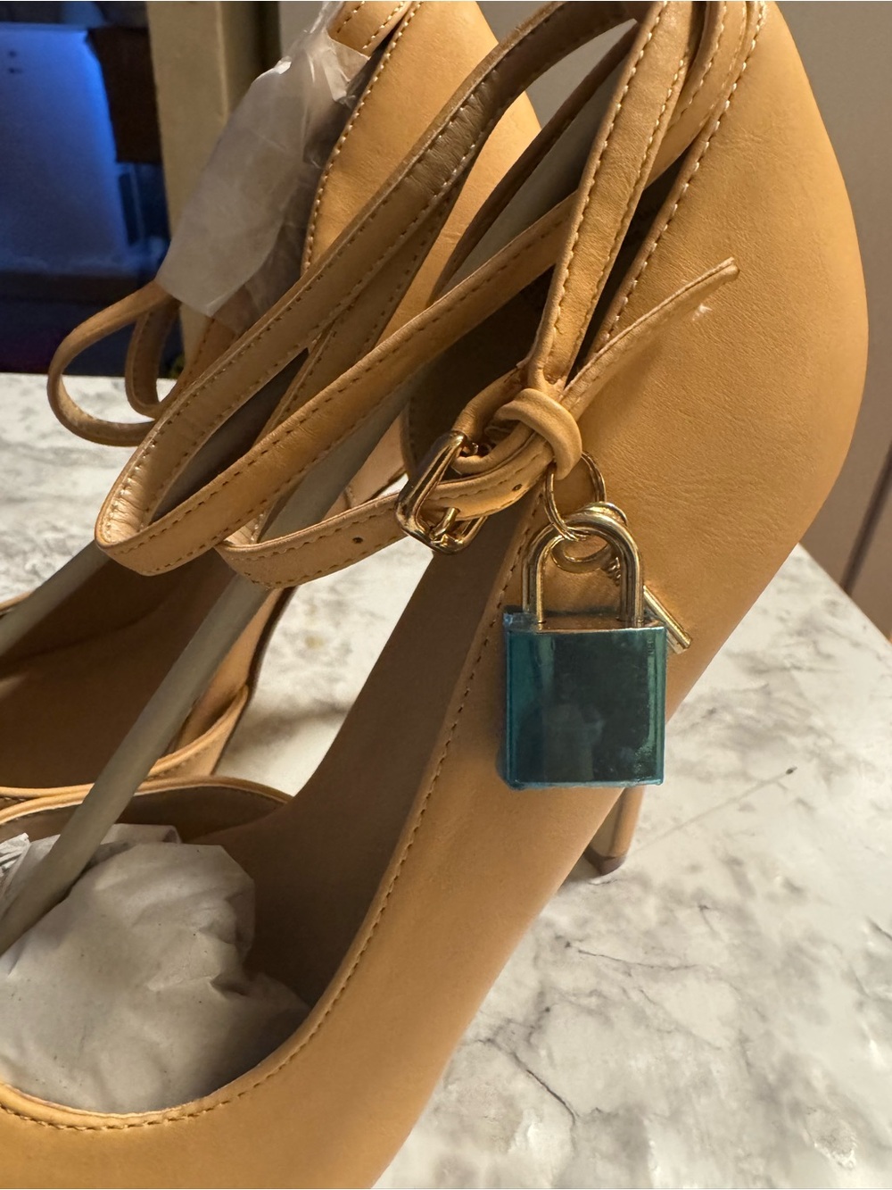 Women’s Tan Ankle-Strap Heels with Lock Charm